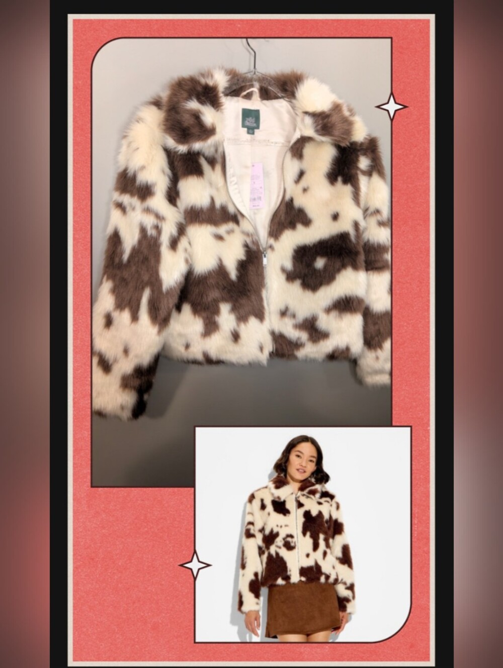 wild fable NWT Brown & White Faux Fur Cow-Print Zip Jacket XS